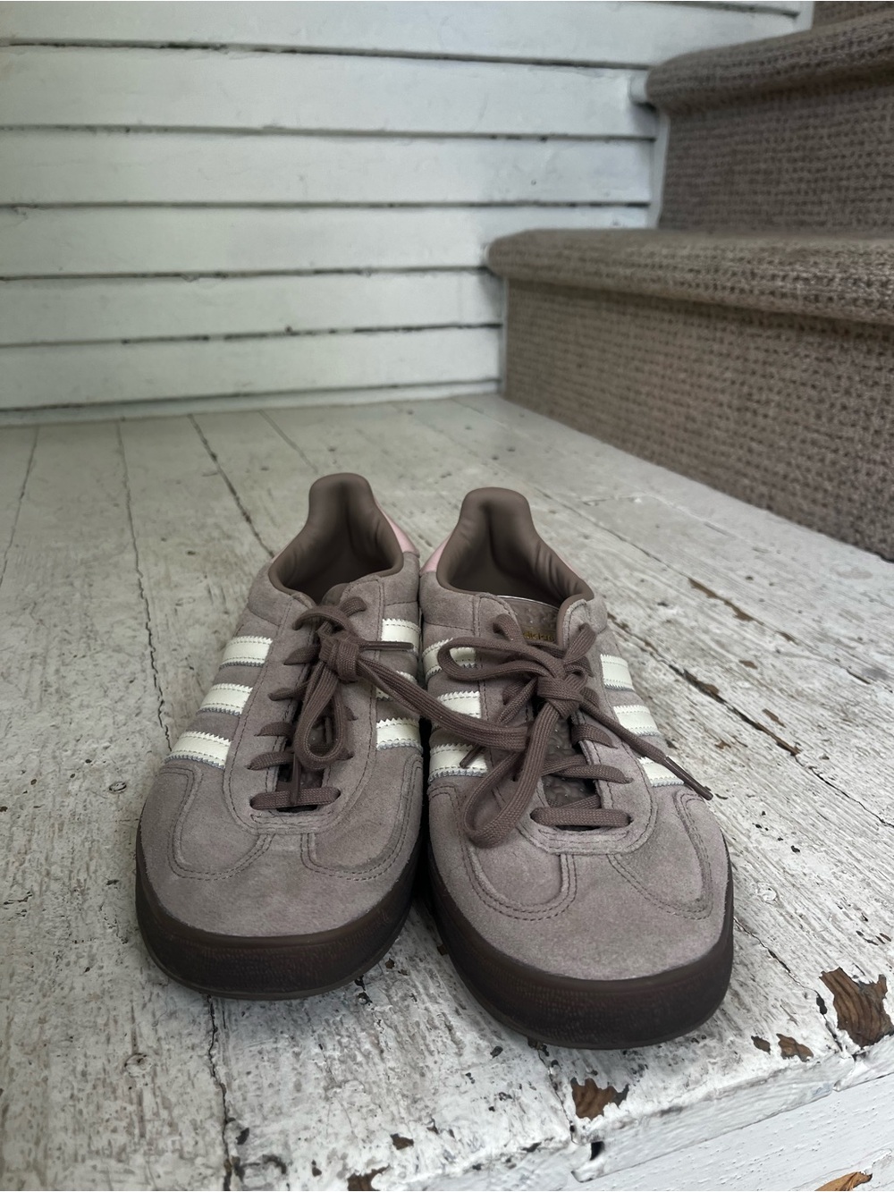 adidas women’s Suede Sneakers in Taupe, White & Pink Accents - Picture 3 of 6